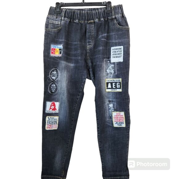 Elastic Waistline 5 Pocket Patchwork Denim Jeans 31x26 - Picture 1 of 10